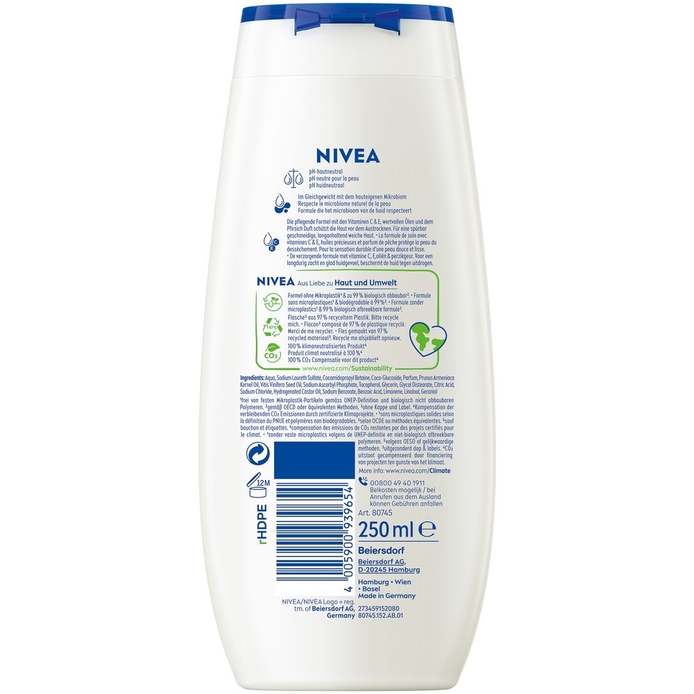 Гель для душа peach & apricot seed oil pflegedusche Nivea, объем 250 мл — фото 2