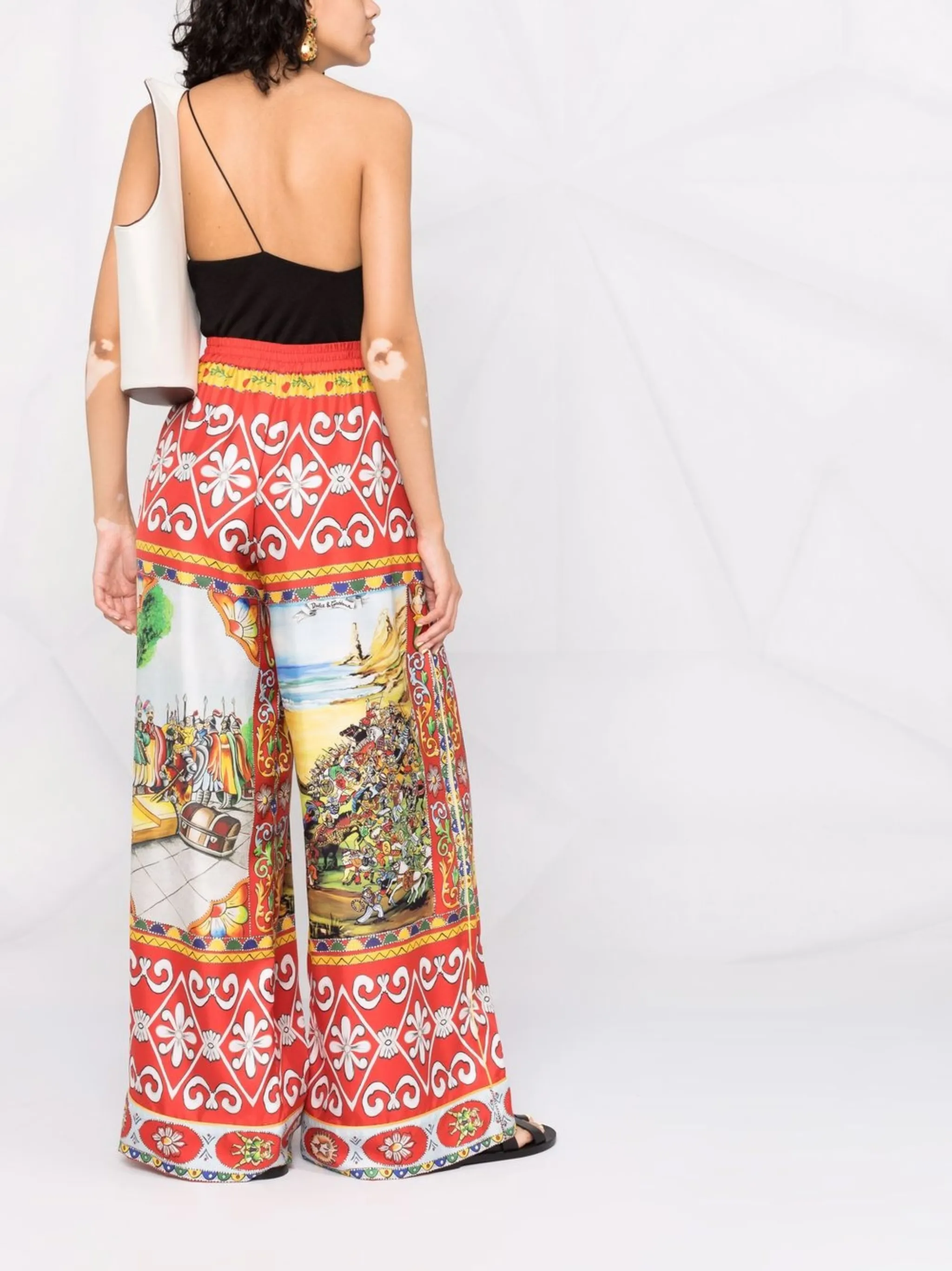 Широкие шелковые брюки с принтом Carretto Dolce & Gabbana, красный — фото 4