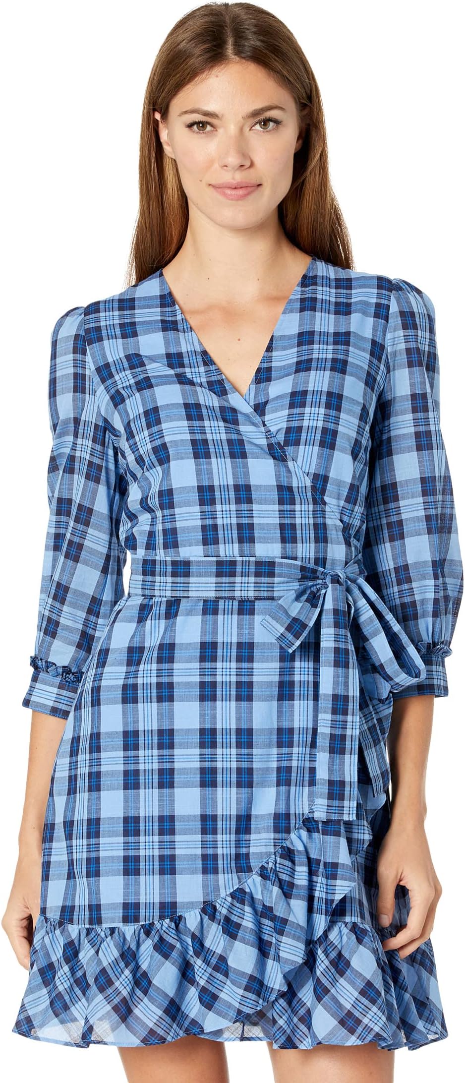 

Платье Draper James Reba Flutter Wrap Dress in Angie Plaid, цвет Blue Multi