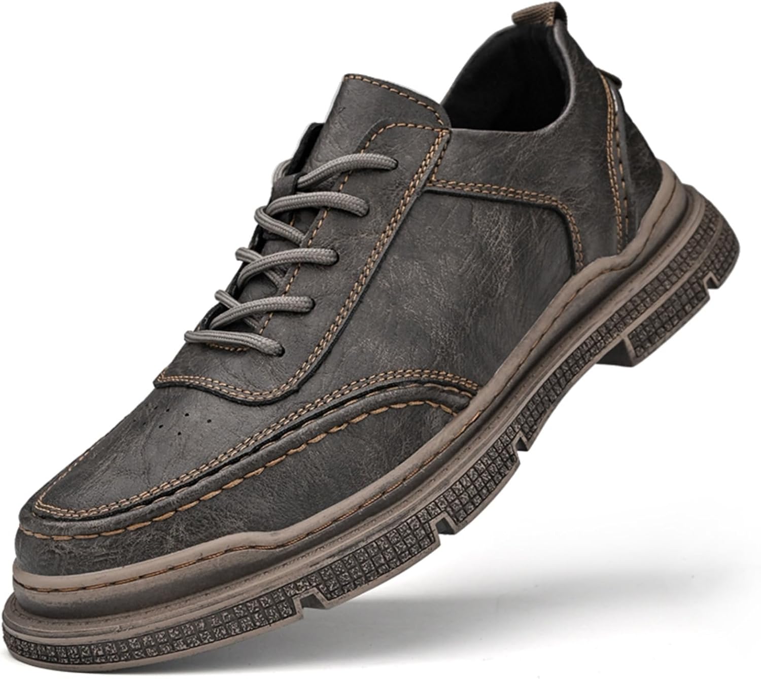 

Мужские кожаные повседневные туфли на шнуровке - винтажный стиль с потертым эффектом, детальной строчкой, прочной противоскользящей резиновой подошвой и удобной петлей для ежедневного ношения в офисе и повседневной жизни Kelibasi, серый