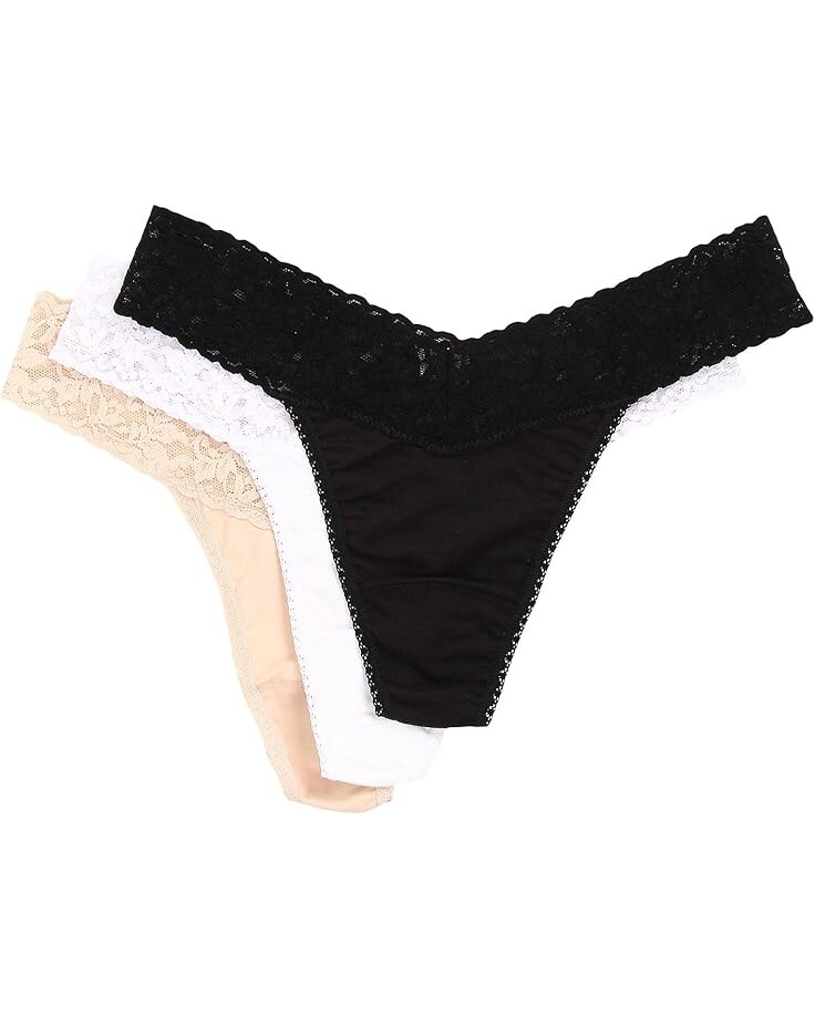 

Стринги Hanky Panky Organic Cotton Original Rise Thong w/ Lace 3-Pack, цвет Black/White/Chai