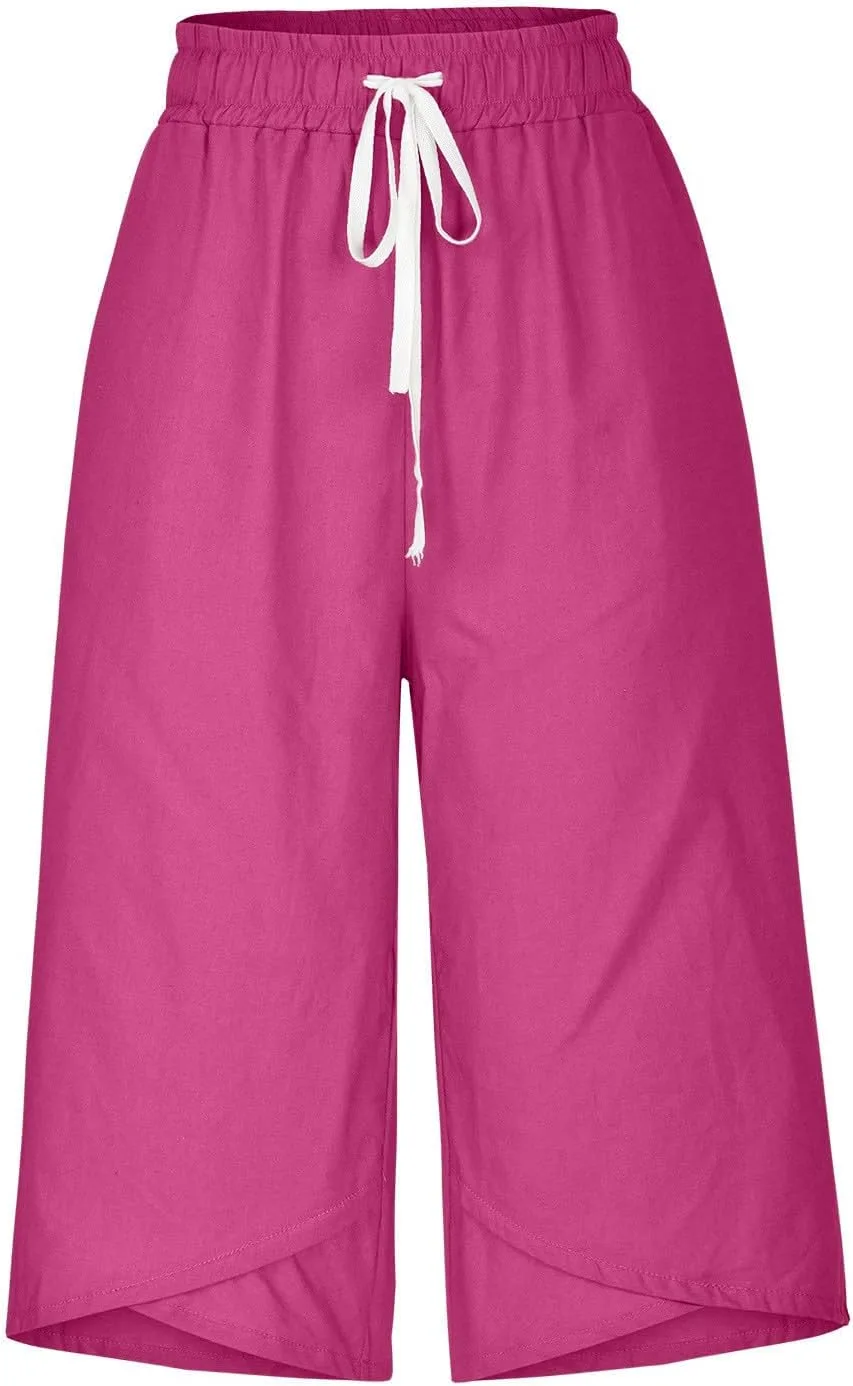Льняные капри для женщин с широкими штанинами, дышащие, с эластичным поясом и шнурком, прямые капри для весны, пляжа, повседневные брюки для старшего возраста Generic, розовый — фото 3