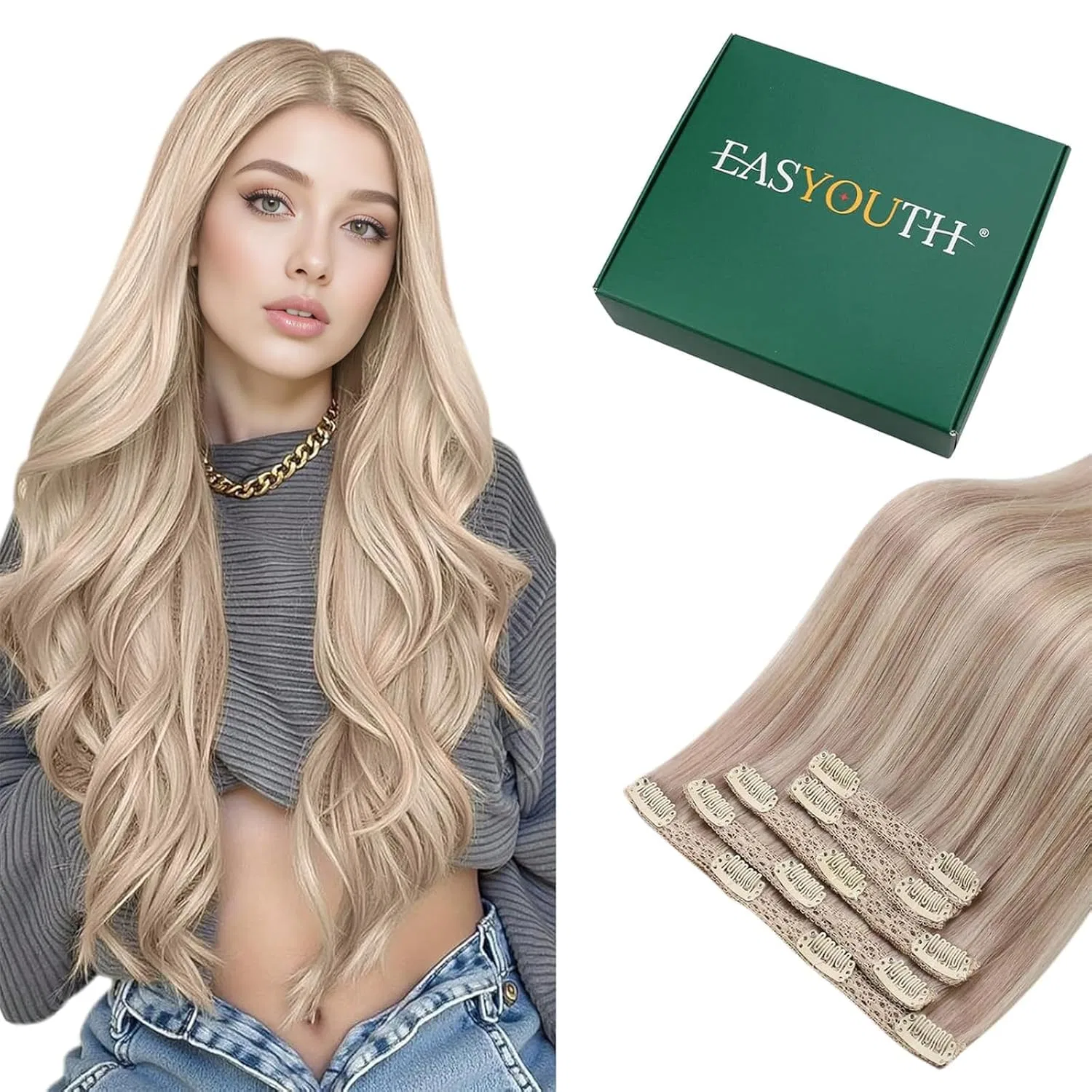 Накладные пряди Easyouth Clip-In из натуральных волос Remy, 35 см, 70 г, цвет пепельный блонд с желтым блондом Easyouth