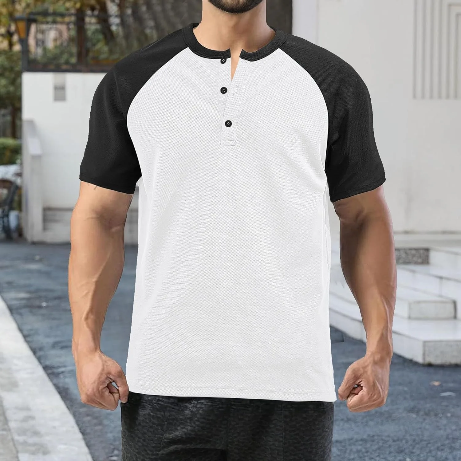 Мужская футболка с коротким рукавом Casual Trendy в европейском стиле Color Blocked с кнопками на воротнике и ананасовым принтом — фото 2