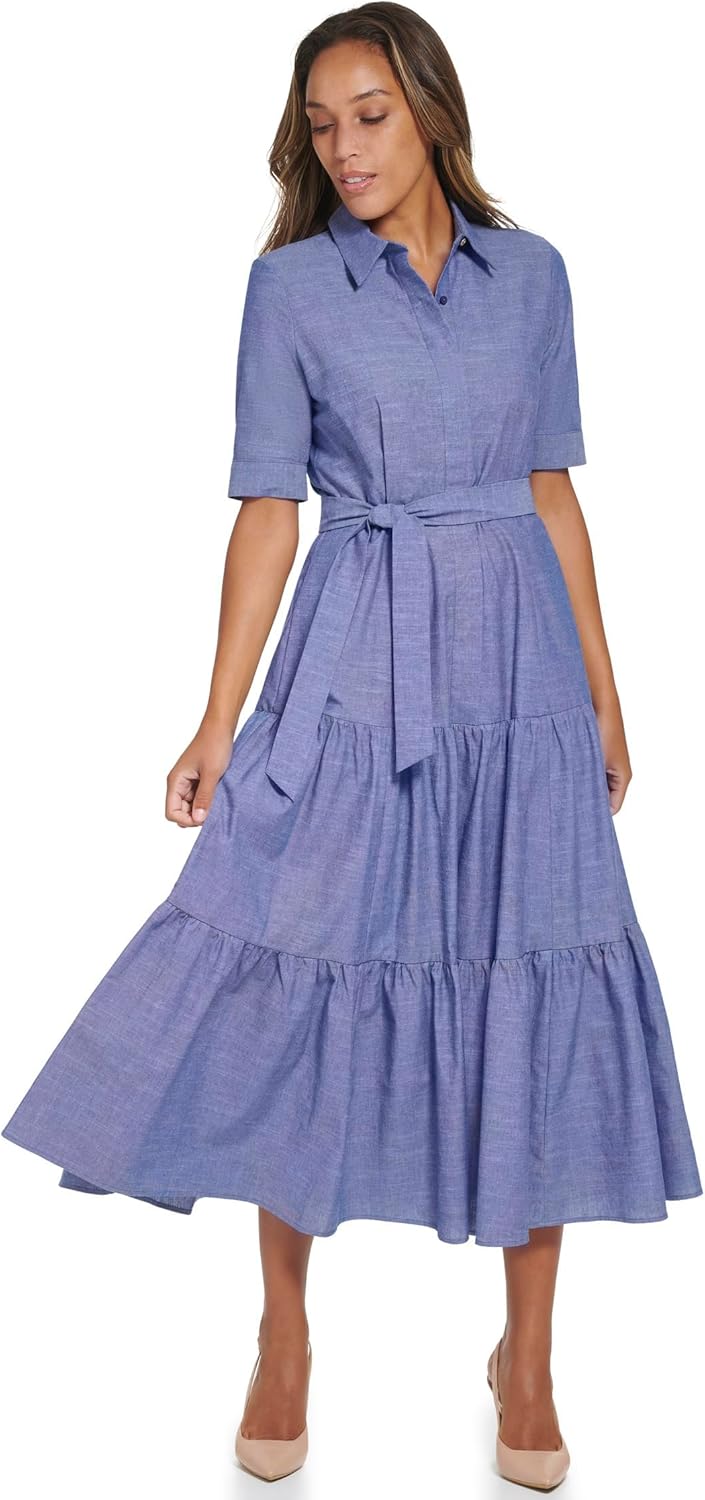 

Женское платье-рубашка из хлопка и шамбре Calvin Klein с поясом-завязкой, Dark Denim