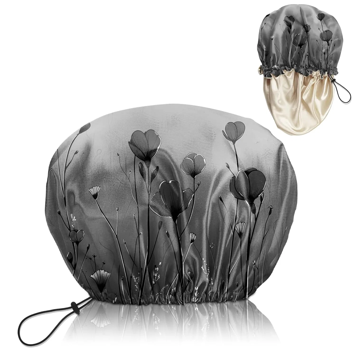 Женская шапочка для душа с шелковой подкладкой Bhahb, W15-Black Flower