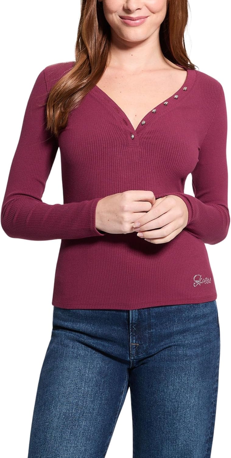

GUESS Женская длинная футболка Kyla Rib Henley, Burgundy Rose, Розовый, GUESS Женская длинная футболка Kyla Rib Henley, Burgundy Rose