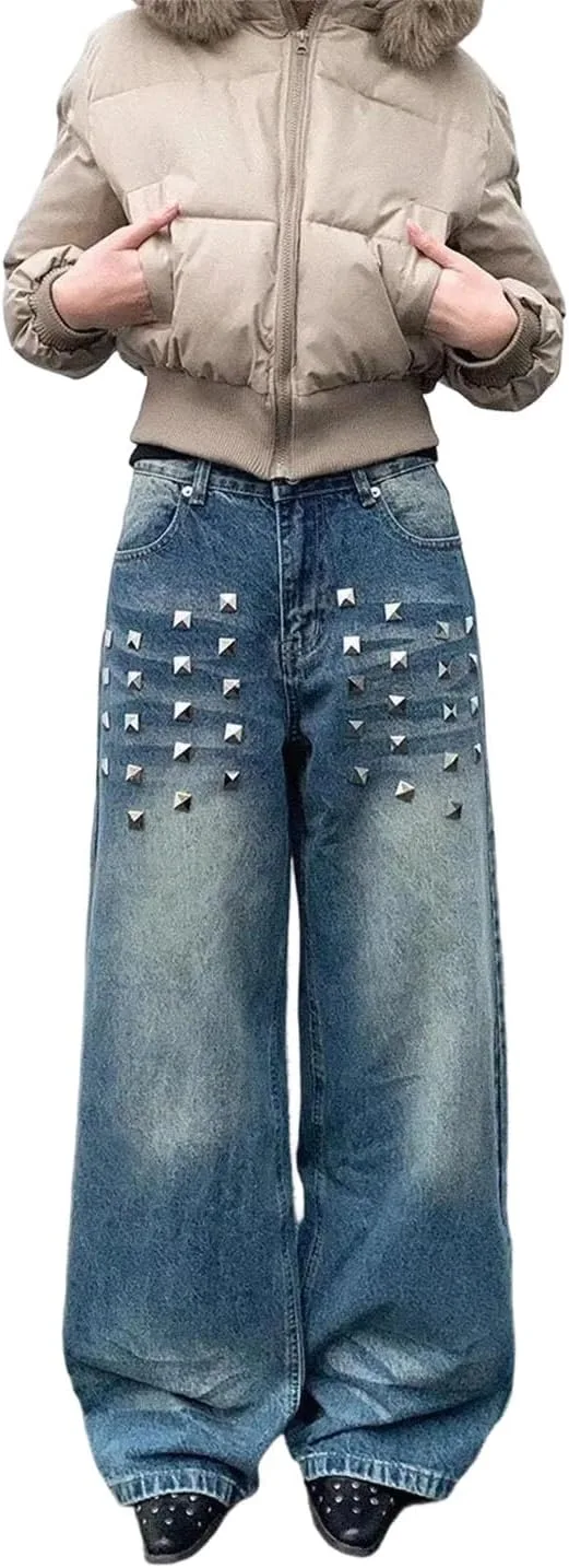 Женские джинсы American Retro Rivet с эффектом потертости, высокая талия, широкие брюки