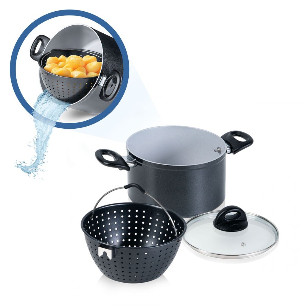 

Набор кастрюль Genius Cerafit Magic Pot 20 см — кастрюля 3,7 л с ситом и стеклянной крышкой для удобного приготовления, переворачивания, приготовления на пару и подачи; А24661