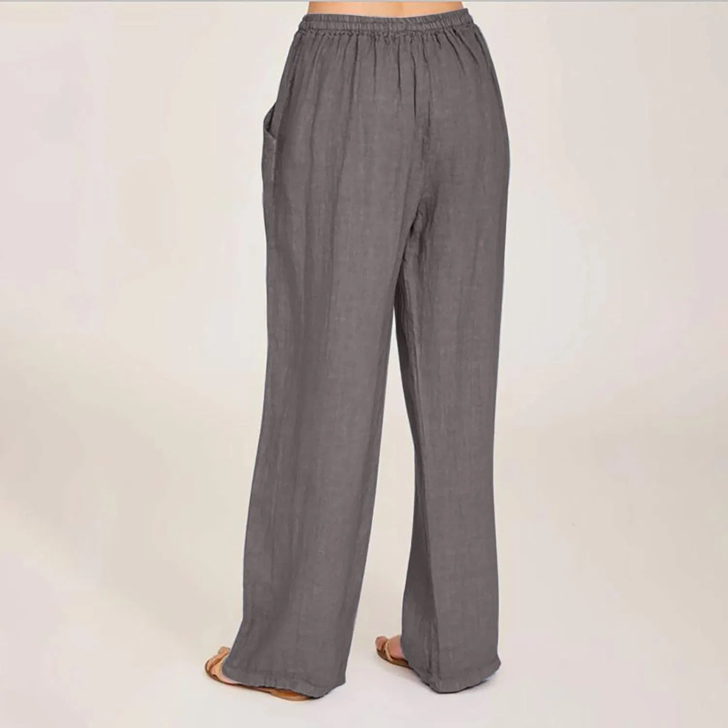 Женские палаццо брюки из хлопка и льна, на завязке, Dark Gray46