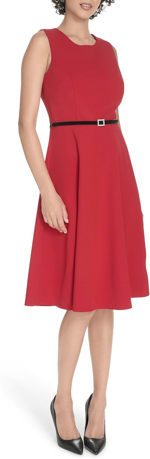 Женское платье миди Tommy Hilfiger из крепа Scuba без рукавов с расклешенным лифом, Deep Scarlet — фото 2