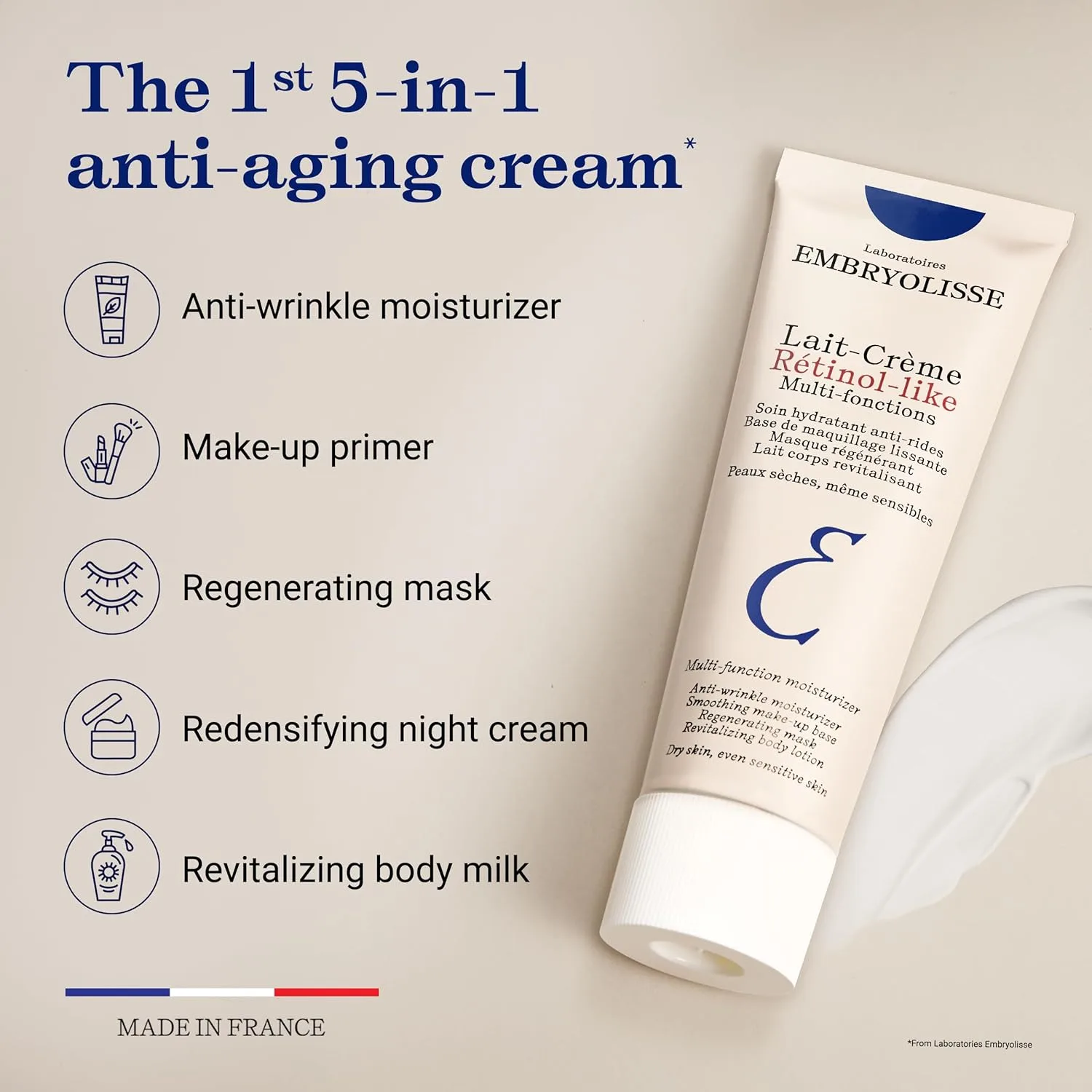 Увлажняющий крем для лица Embryolisse Lait-Crème с ретинолом, антивозрастной эффект, для нормальной и чувствительной кожи. Уменьшает мелкие морщины, отечность и морщины. 70 мл. — фото 3