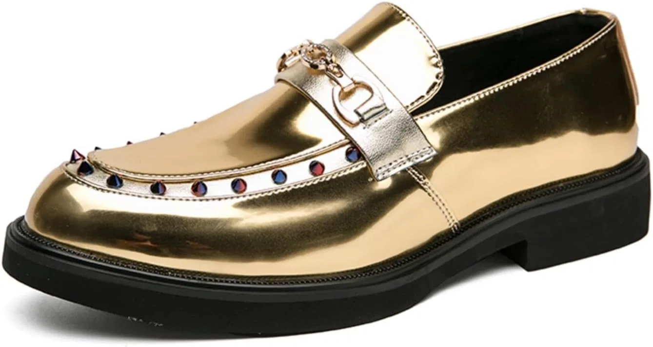 Лоферы с цепочкой и стразами, золотые, Men's Gold Metallic Loafers Khwfjas