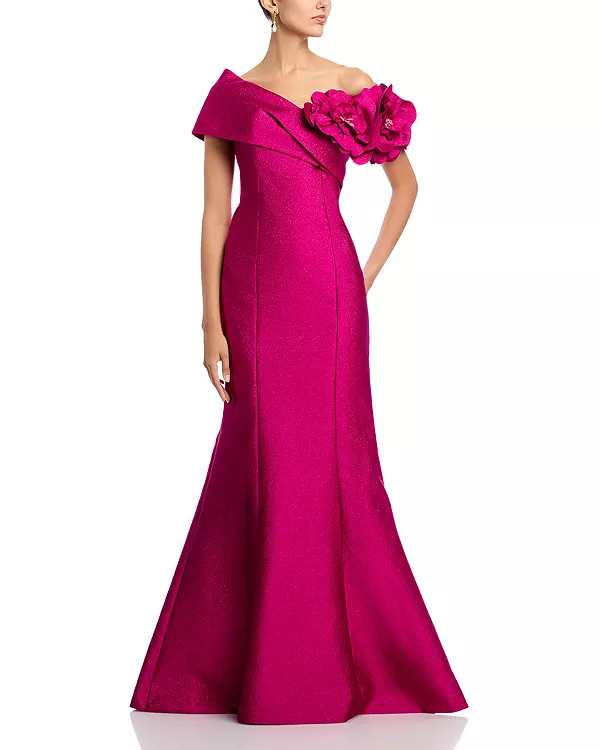 

Платье с жаккардовым узором «галька» и объемными цветами Teri Jon By Rickie Freeman, розовый