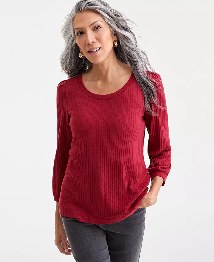 

Женский топ с круглым вырезом и длинными рукавами из ребристой ткани Style & Co, красный