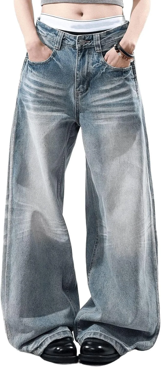 

Винтажные джинсы для женщин Light Wash High Waisted Baggy Wide Leg - потертые Oversized Relaxed Fit FEUSEUZ