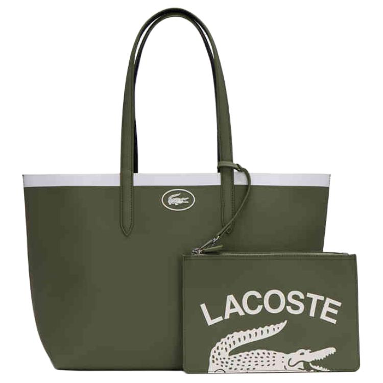 

LACOSTE ПВХ хозяйственная сумка шоппер женская большая через плечо оливковый и темно-синий, Olive Green & Dark Blue