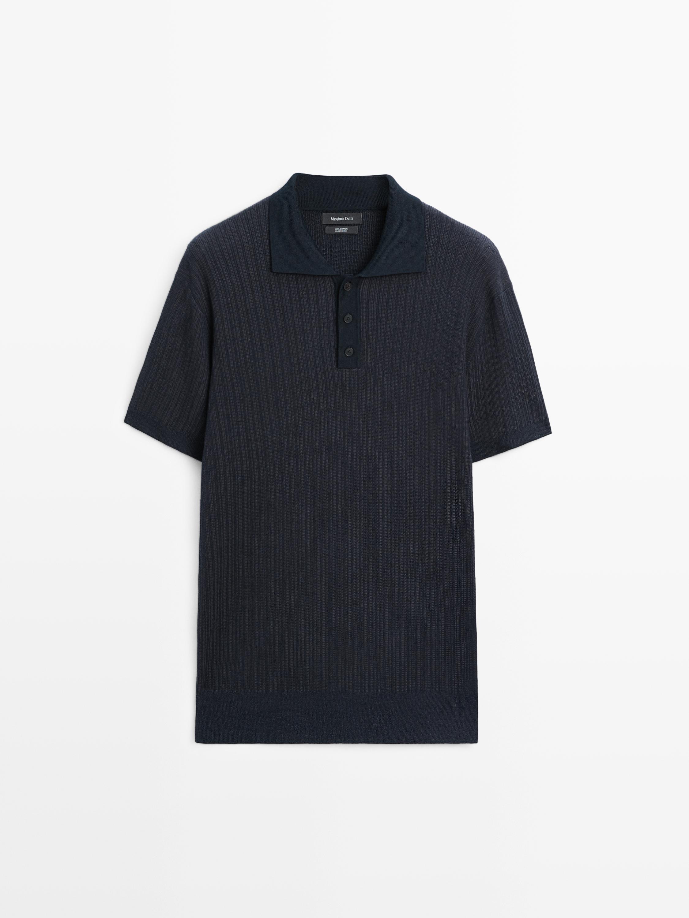 Текстурированное вязаное поло с коротким рукавом Massimo Dutti, faded navy — фото 2