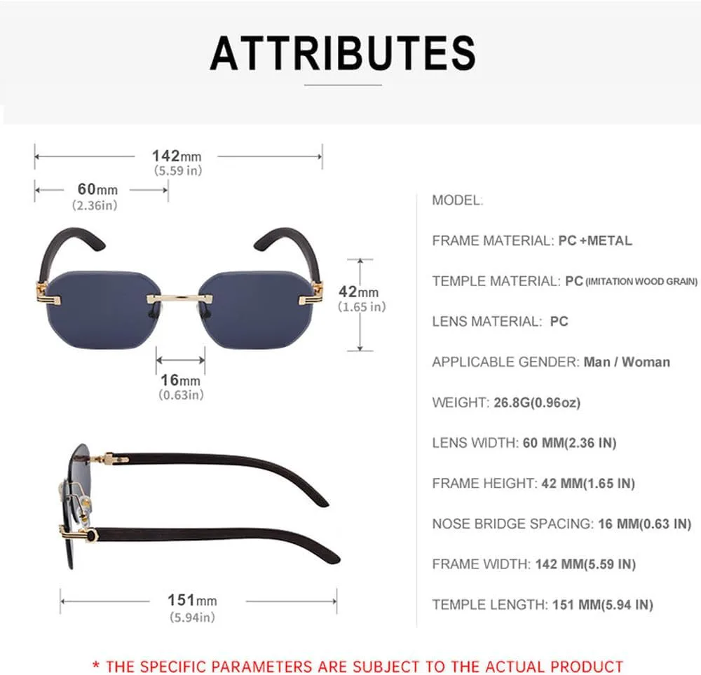 

Мужские солнцезащитные очки в стиле ретро без оправы под дерево, модные женские очки с алмазной огранкой, литературная деловая оправа, SUN2857 Generic, Black