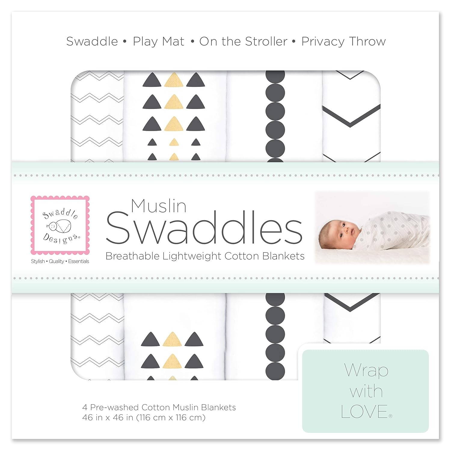 

Swaddle Designs Хлопковые муслиновые пеленальные одеяла, набор из 4 штук, одеяла для маленьких мальчиков и девочек, лучший подарок для душа, 46x46 дюймов, золото и графит SwaddleDesigns, Gold & Graphite
