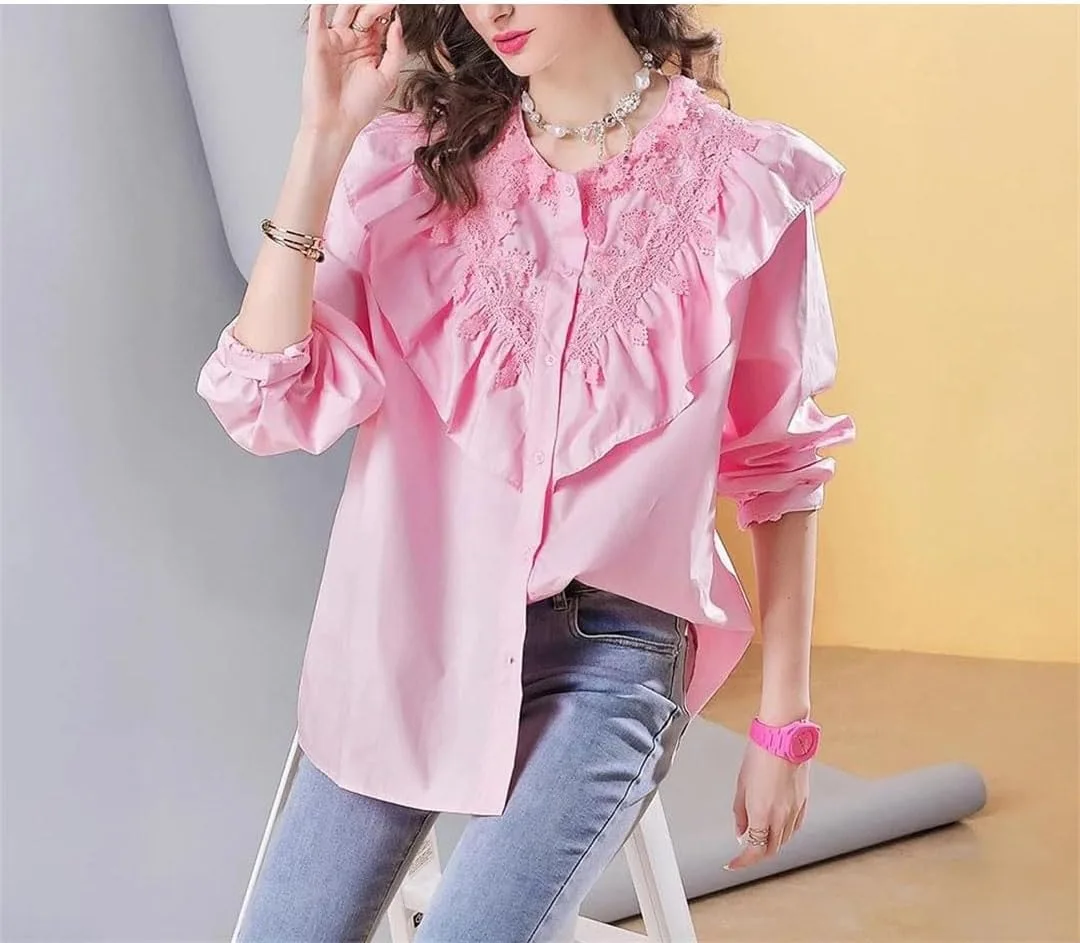 Женская весенняя рубашка в уличном стиле средней длины с кружевной отделкой, рюшами и длинными рукавами Generic, Pnnrk — фото 3