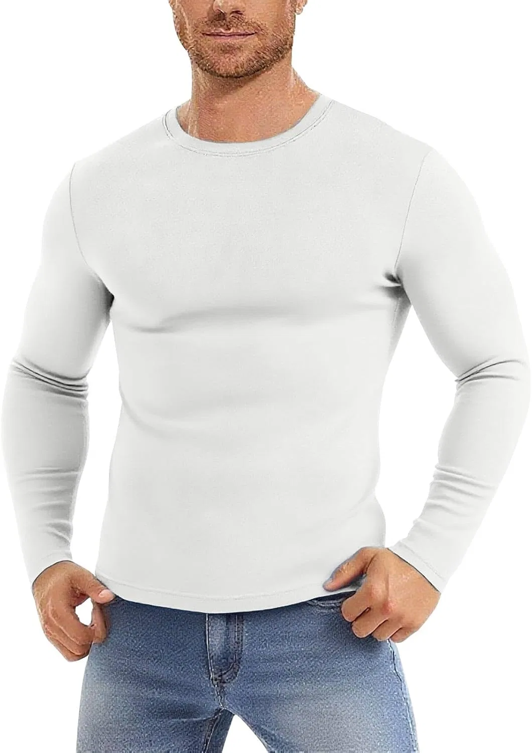 Мужская спортивная майка, термофутболка, повседневная футболка с круглым вырезом и длинными рукавами, облегающая футболка для тренировок, подчеркивающая мускулатуру — фото 2