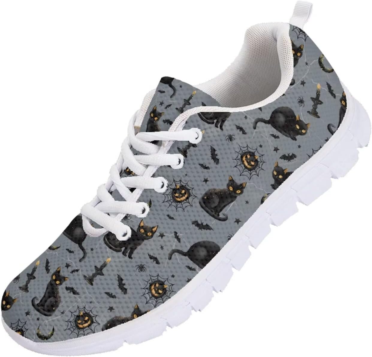 

Кроссовки Forchrinse на Хэллоуин для женщин и мужчин, дышащие, с шнуровкой, для прогулок, повседневные сетчатые, противоскользящие теннисные туфли, Halloween Black Cat Pumpkin Print