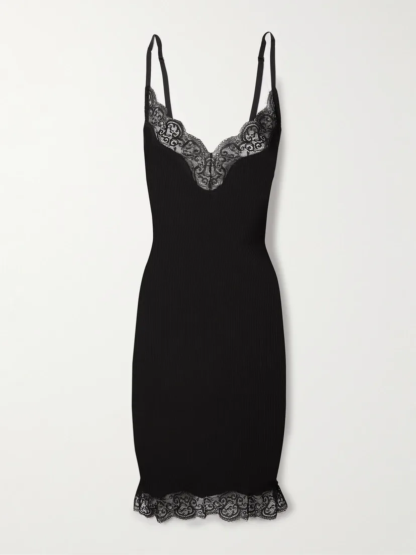 Мини-платье из ребристого шелкового джерси с кружевной отделкой SAINT LAURENT, черный