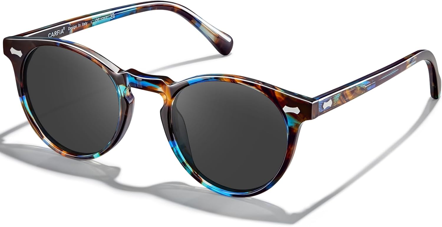

Солнцезащитные очки CARFIA Retro с поляризацией для женщин, защита от УФ-излучения, ацетатный материал, классический винтажный стиль, круглые линзы, 4.tortoiseblue Frame Grey Lens