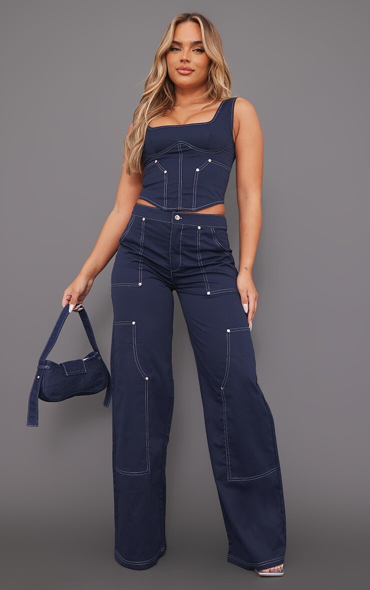 

PrettyLittleThing Темно-синие прямые брюки карго из саржи с контрастным швом, Синий, PrettyLittleThing Темно-синие прямые брюки карго из саржи с контрастным швом