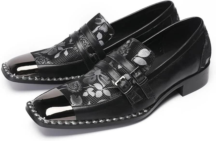 Лоферы мужские кожаные с цветочным принтом, Square Toe Metal Toe Cap, Black Dacnakby