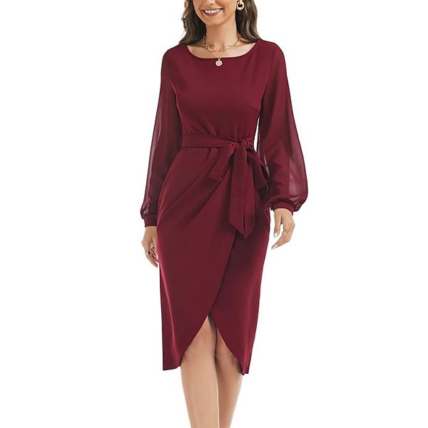 

Платье для гостей на свадьбу женское petite с V-образным вырезом на спине, шифоновое, с длинными рукавами, поясом, разрезом и сборками Megaretailer