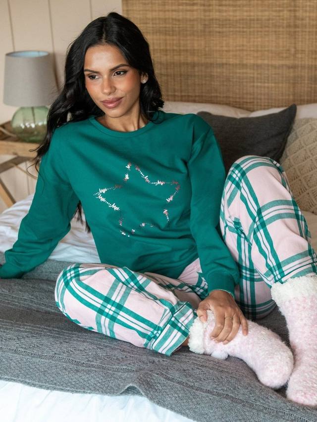 

Логотип свитшот уютный клетчатый пижамный комплект Pour Moi, Light Pink/Teal