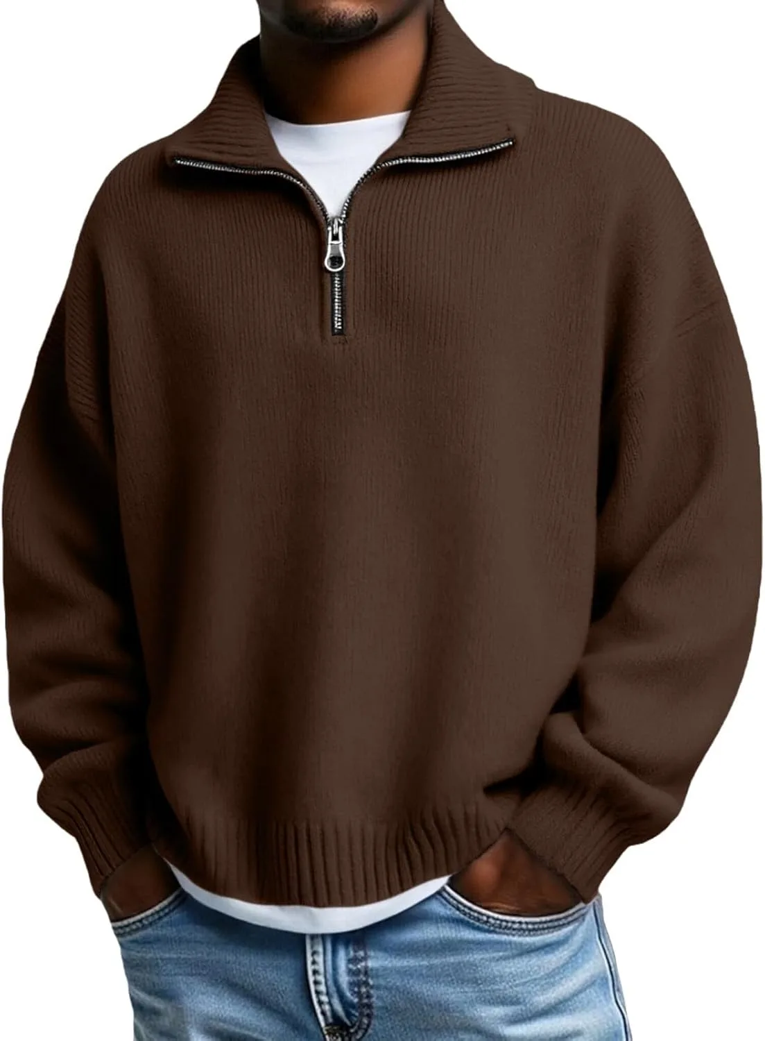 

CRNTCEM Полу-зиппер свитер для мужчин, тяжелый вязаный пуловер с воротником