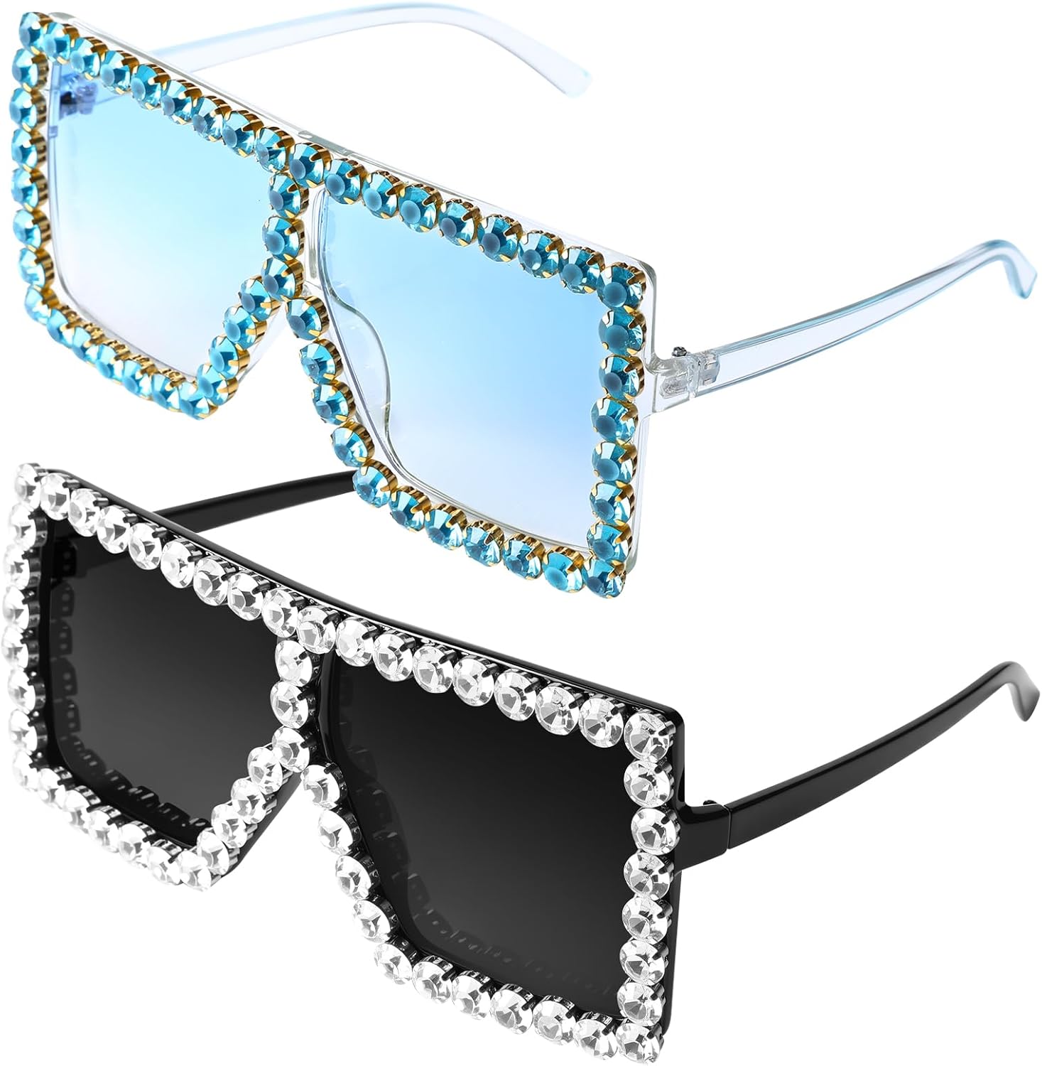 

Солнцезащитные очки Weewooday, 2 пары, большие квадратные, с кристаллами, плоская верхняя часть, ретро, ​​толстая оправа, блестящие очки для женщин и мужчин, Black,blue