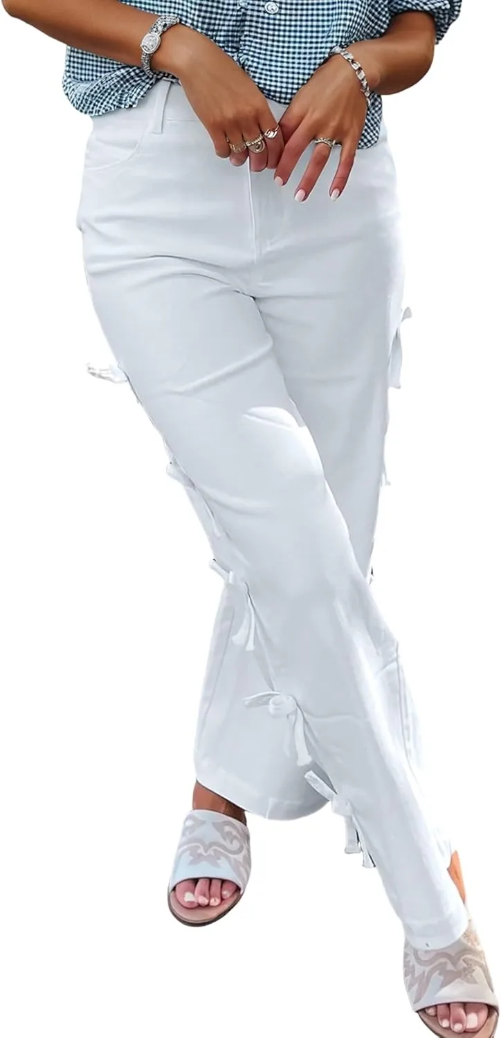 

Брюки для женщин White Bow Knot Side Detail Straight Leg Loose Opemiby