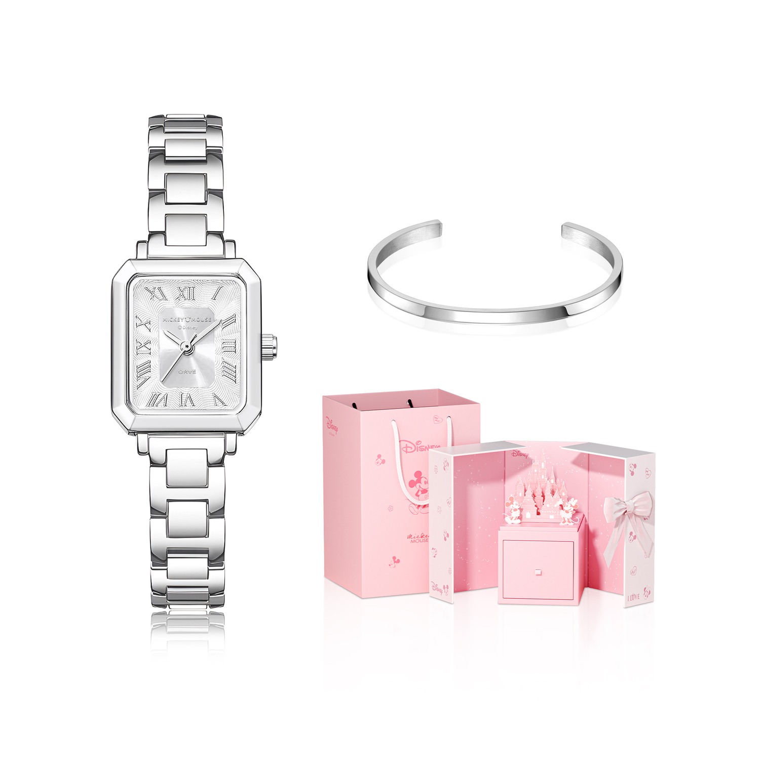 

Микки Кварцевые часы с ремешком из сплава для женщин Розовый циферблат Disney, серебряный Glow белый[Disney Dreamy Castle Box+Bangle+Custom Greeting Card]