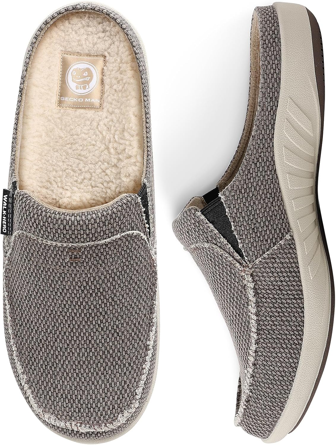 

Мужские тапочки с поддержкой свода стопы, домашние тапочки для мужчин из ткани с бархатной подкладкой, шлепанцы на платформе, домашняя и уличная обувь с противоскользящей резиновой подошвой WALK·HERO COMFORT AND SUPPORT, коричневый