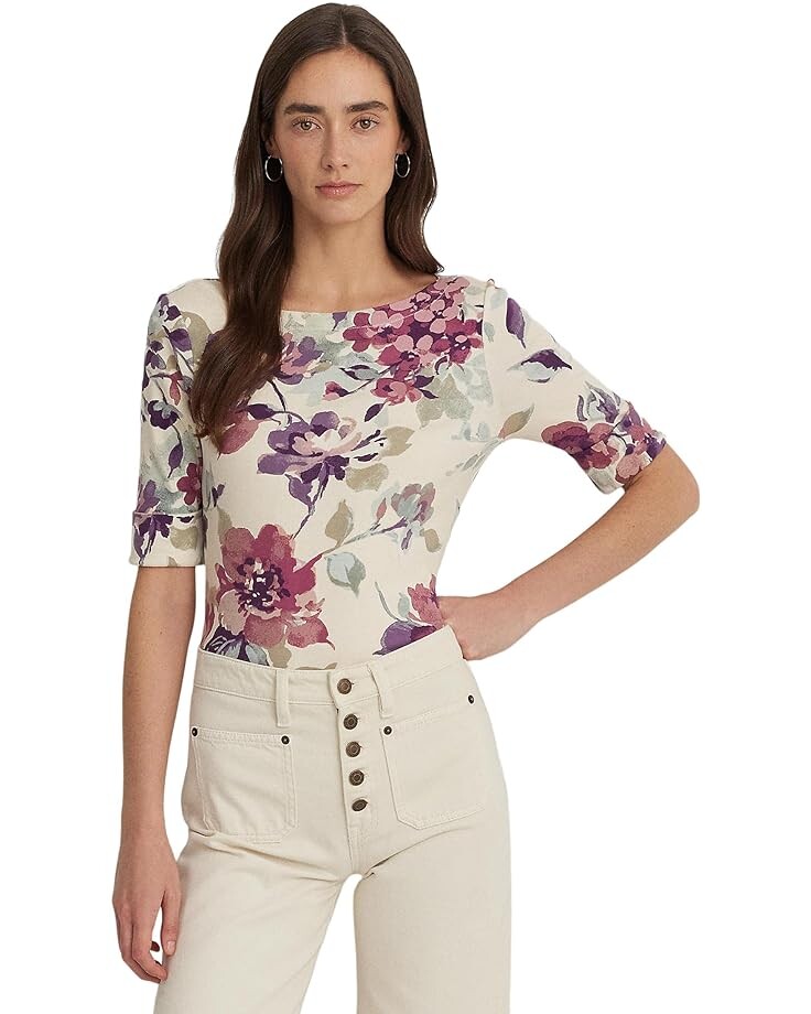 

Футболка LAUREN Ralph Lauren Petite Floral Stretch Cotton Boatneck, цвет Cream Multi