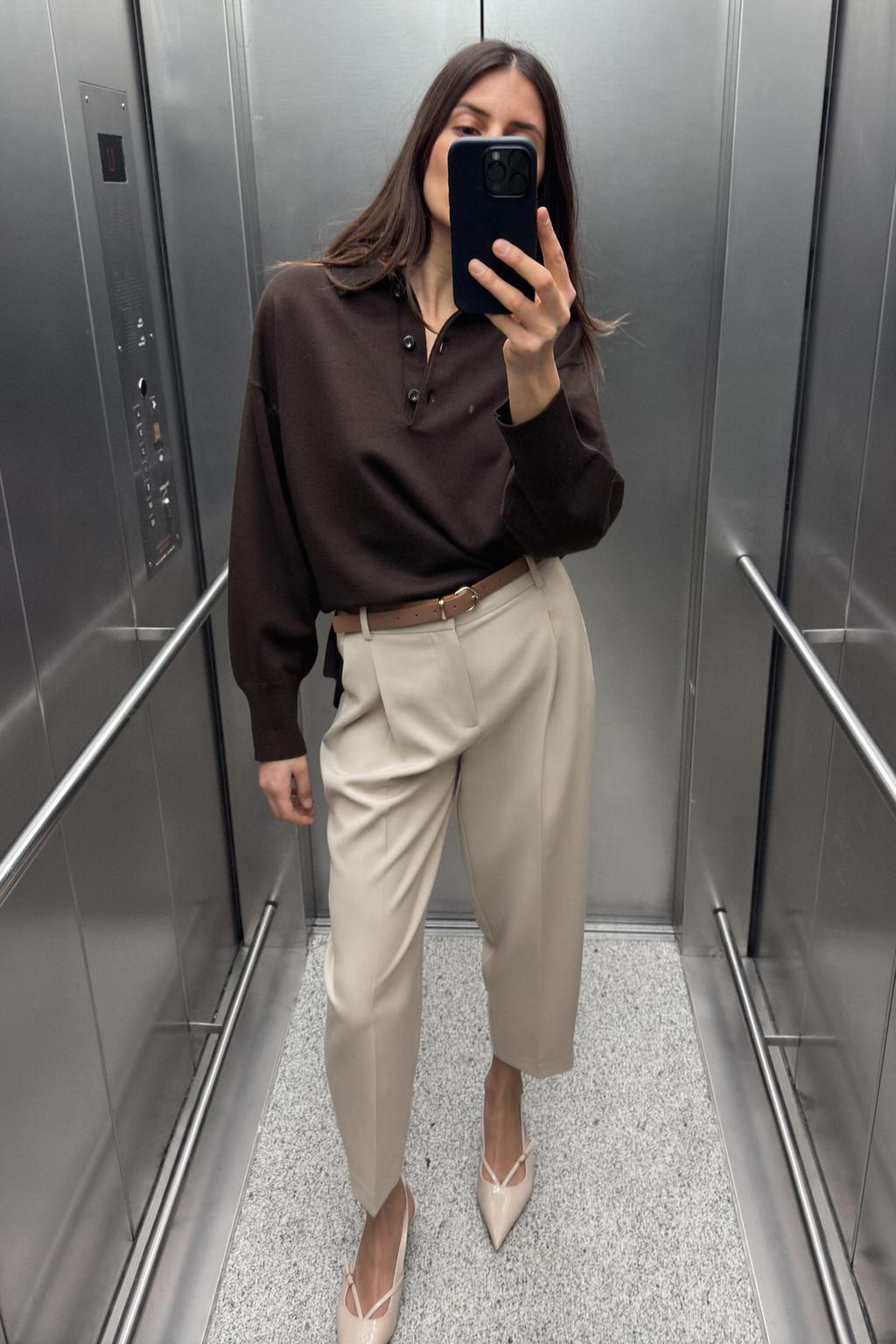 

Приталенные брюки с поясом ZARA, цвет Light camel