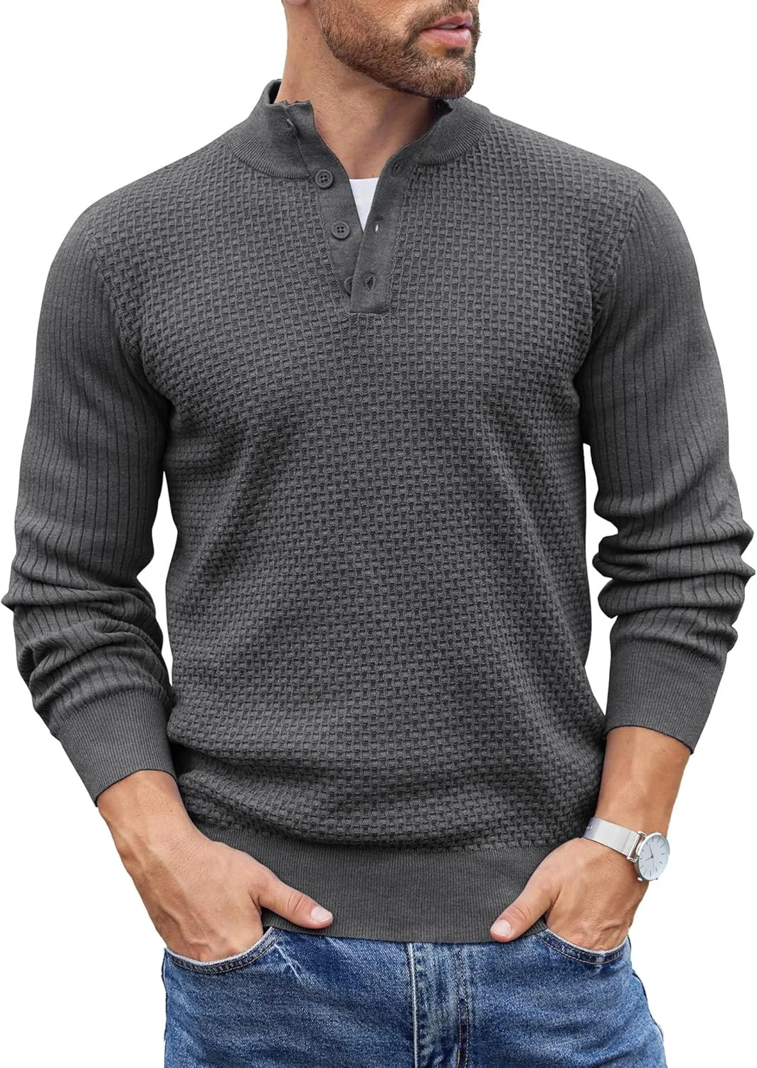 

COOFANDY мужской легкий вязаный пуловер с воротником-стойкой и застежкой на четверти