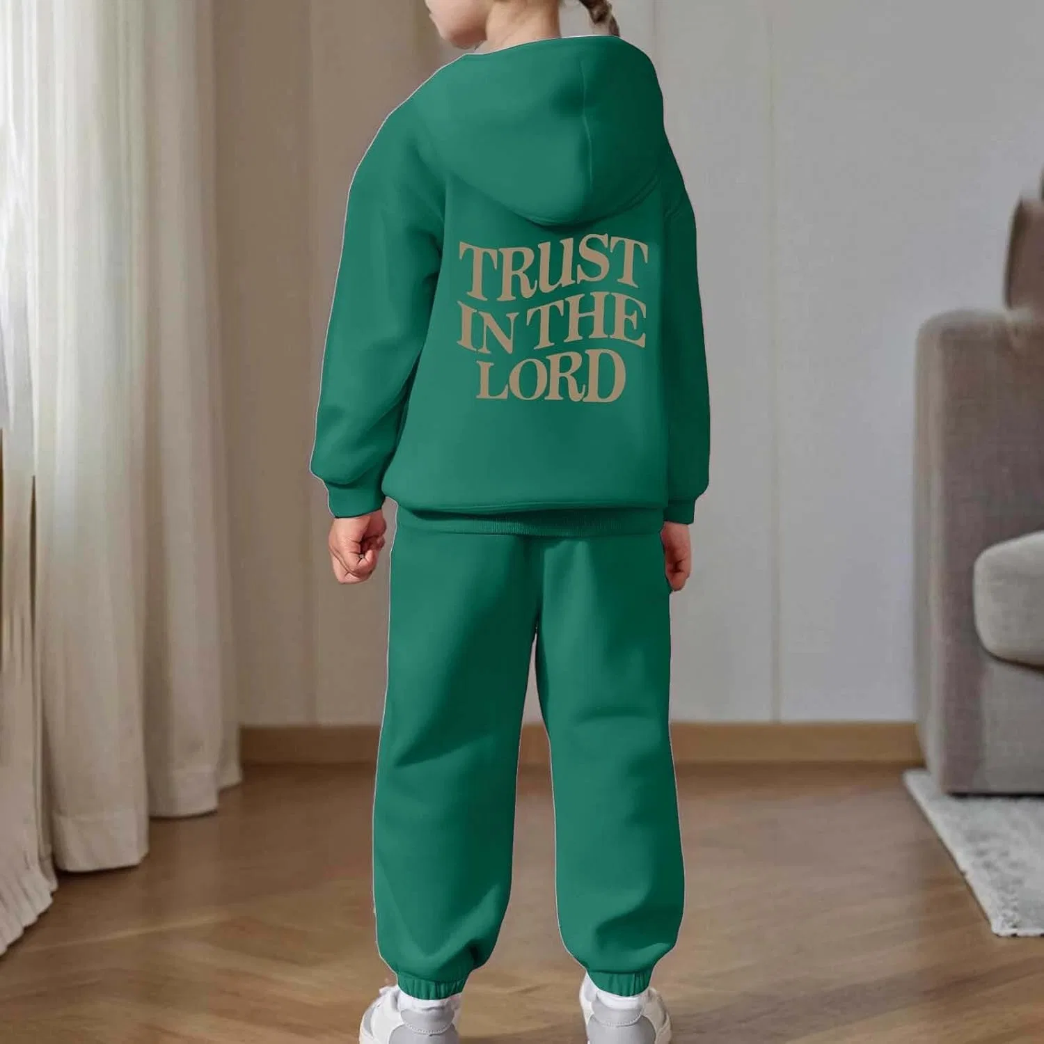 Детский спортивный костюм с принтом Trust in The Lord Jesus, темно-зеленый — фото 2