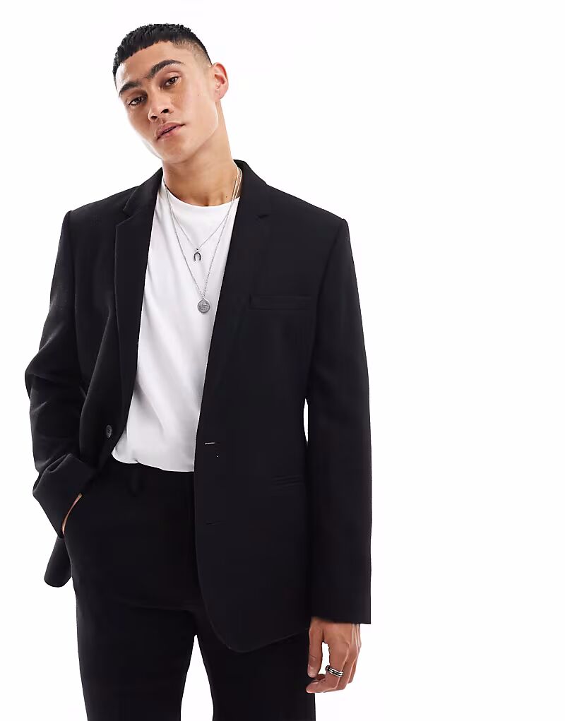 

Приталенный пиджак из шерстяной смеси черного твила Asos Design