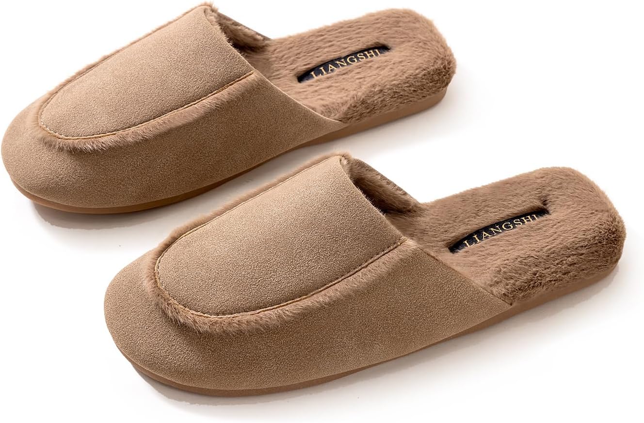

Замшевые мюли с меховой подкладкой для женщин и мужчин, закрытые тапочки, элегантная домашняя обувь, сандалии Yafirgeer, коричневый