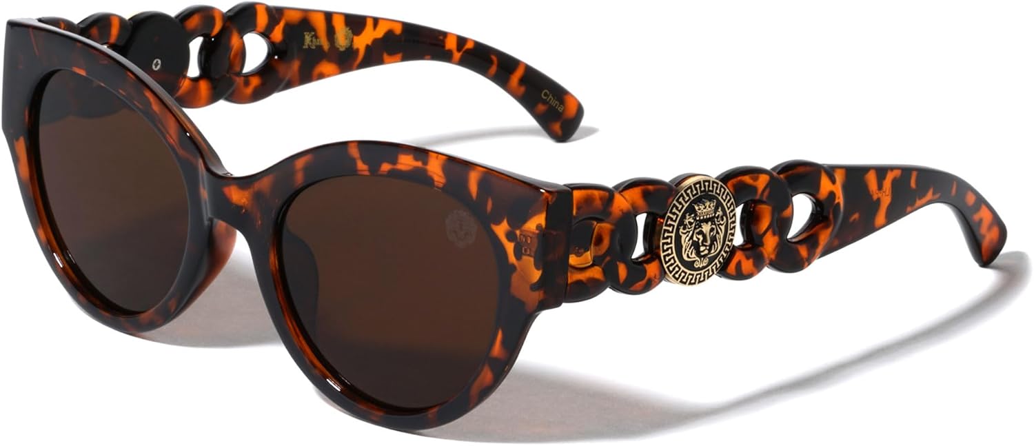 

Kleo Glorious - Большие ретро-солнцезащитные очки в форме «кошачий глаз» с закругленными боковыми линзами и медальоном в виде головы льва, в стиле хип-хоп, LH-P4081, Brown Demi