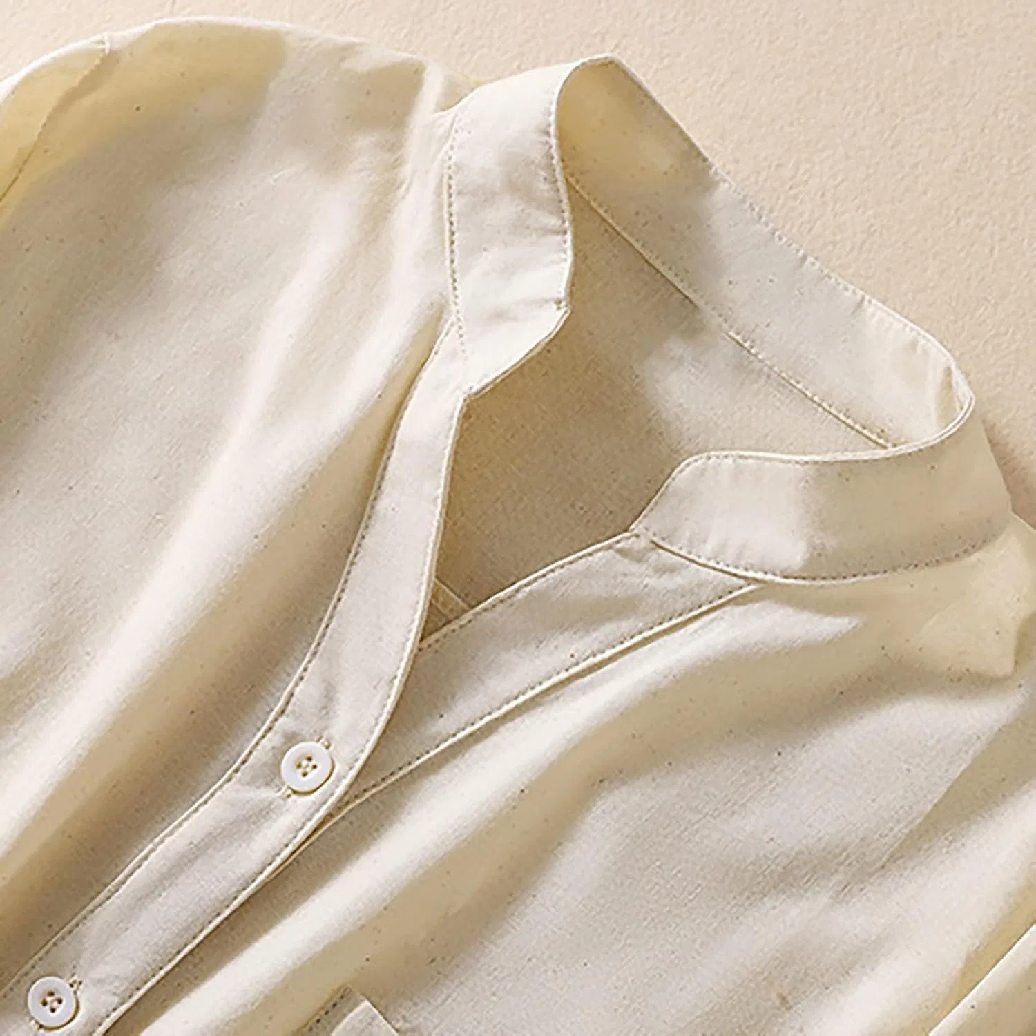 Блуза хлопковая и льняная с воротником-стойкой, Cotton and Linen Women Shirt Loose Mid Sleeve Top, бежевый — фото 4