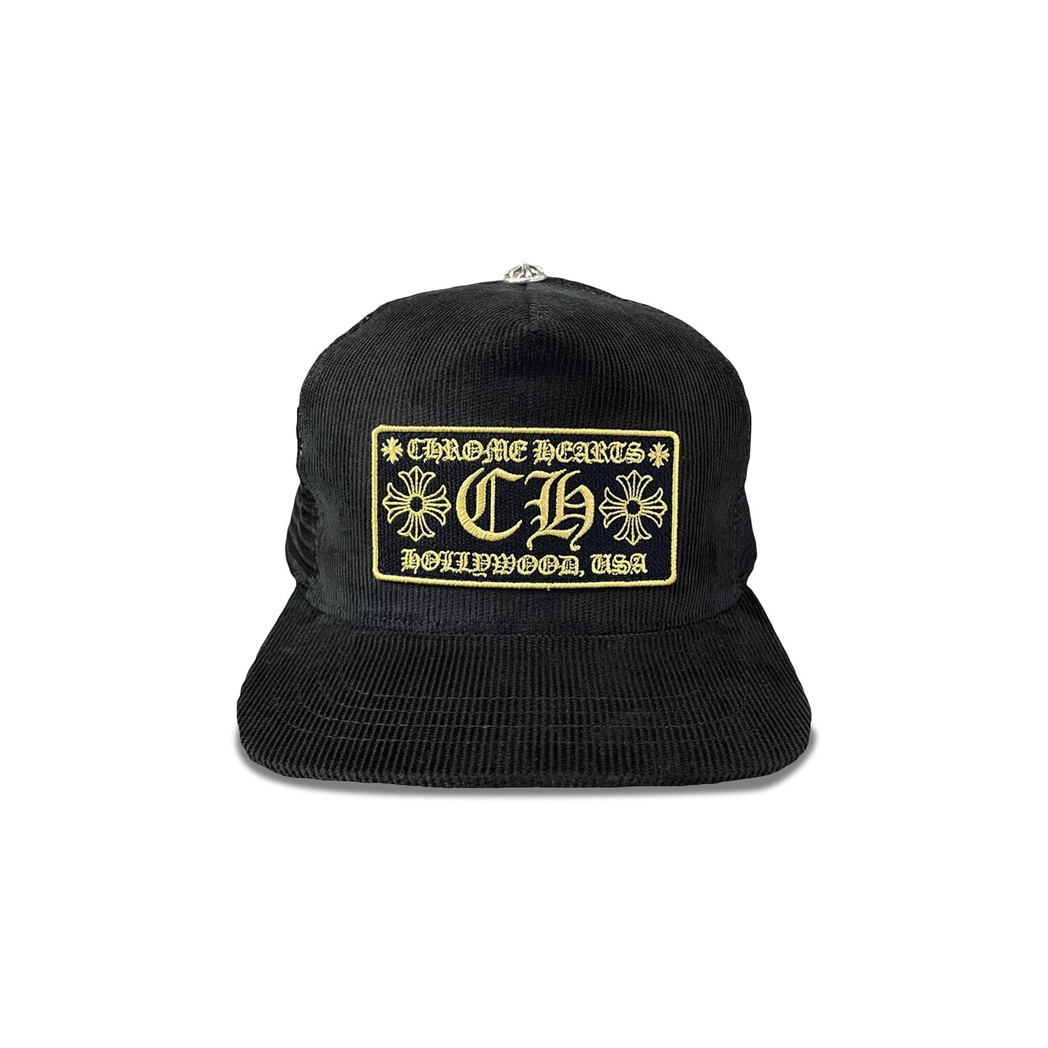 

Вельветовая шляпа дальнобойщика Chrome Hearts Hollywood, цвет черный/золотой