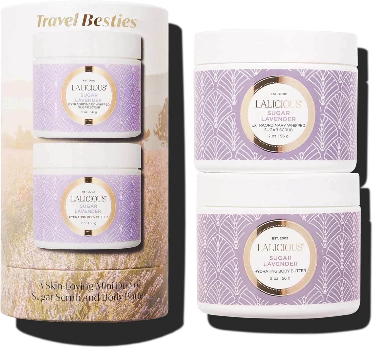 Скраб для тела и масло для тела LALICIOUS Travel Besties Sugar Lavender Sugar Scrub 2oz & Body Butter 2oz