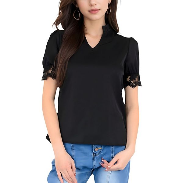 

Женская блузка с пышными рукавами, ажурными манжетами и v-образным вырезом Anna-Kaci, Black