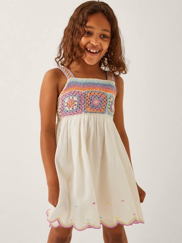 

Детское хлопковое платье без рукавов с кружевом Monsoon, White